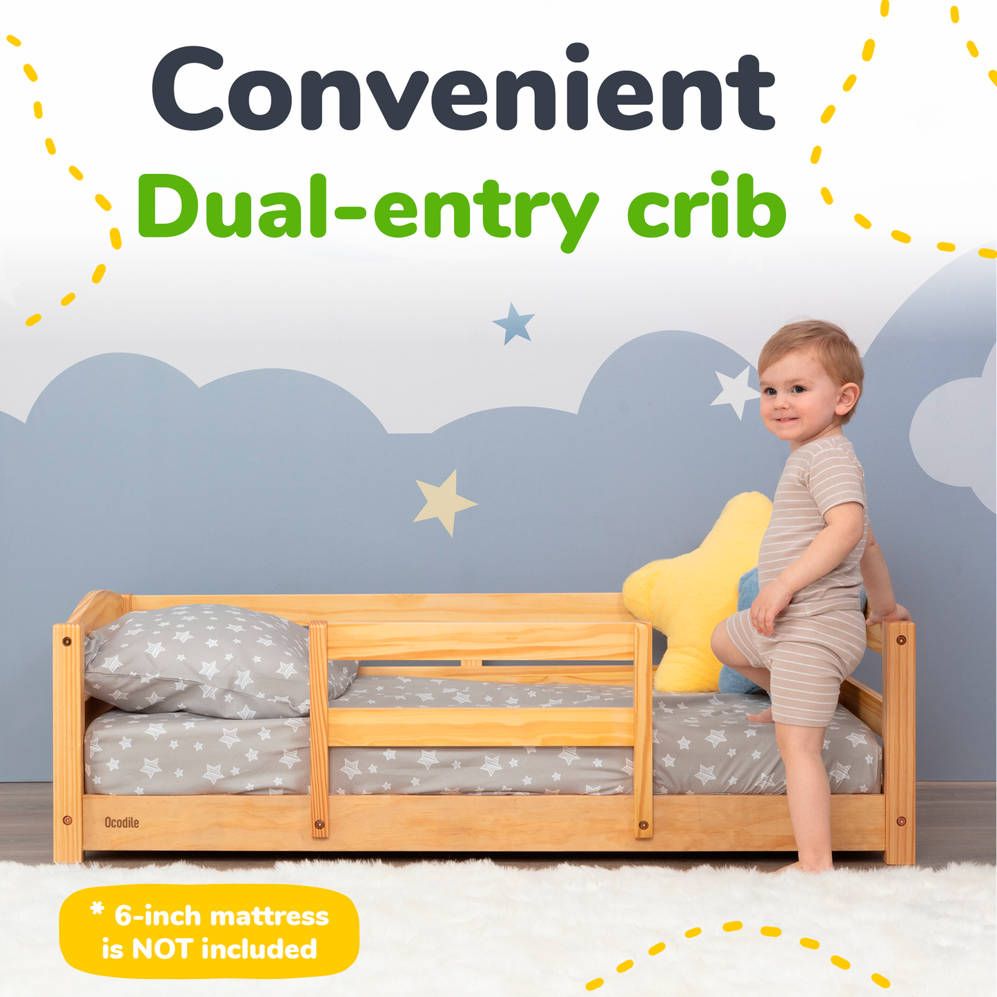 Crib Size Wooden Floor Bed with Safety Rails for Toddlers Age 1–3