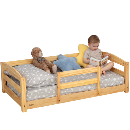 Crib Size Wooden Floor Bed with Safety Rails for Toddlers Age 1–3