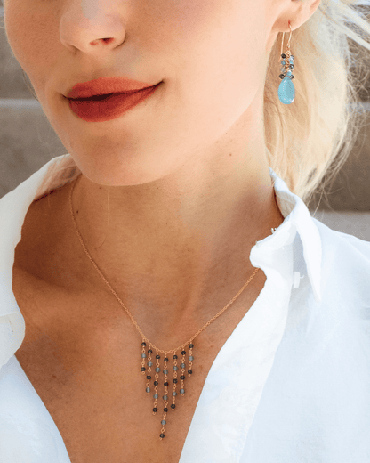 Blue Gemstone Fringe Necklace & Earring Set