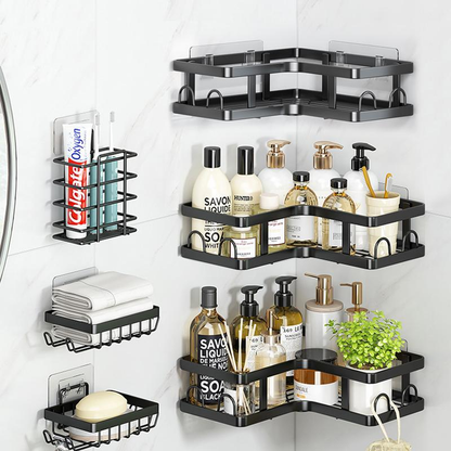 PHANCIR 5 PCS Corner Shower Caddy, No Drilling Stainless Steel Shower Storage Rack with Hooks & Toothpaste Holder for Bathroom, Black