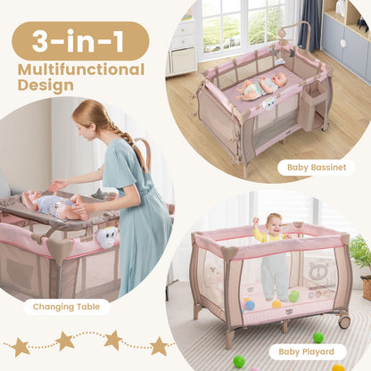 Portable Baby Playard with Changing Table Bassinet and Music Box-Pink