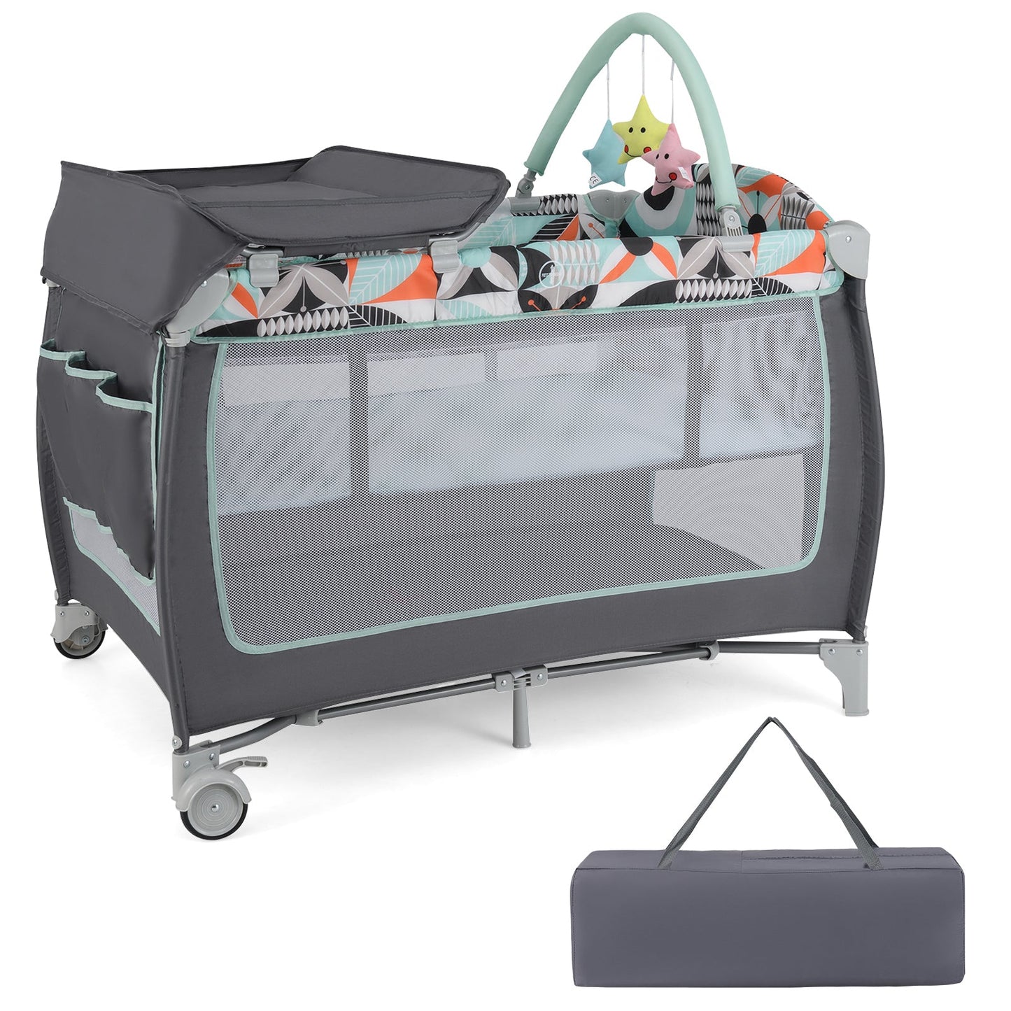 3-in-1 Portable Baby Playard with Zippered Door and Toy Bar-Blue