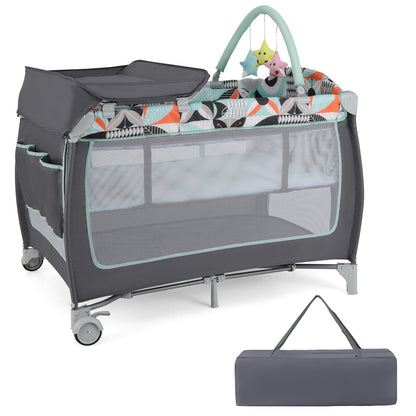 3-in-1 Portable Baby Playard with Zippered Door and Toy Bar-Blue