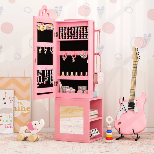 Princess Vanity Table and Stool Set Freestanding Jewelry Cabinet Armoire with Full-Length Mirror-Pink