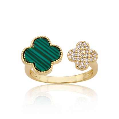 14K Gold Plated Clover and Cz Mini Clover Snake Ring