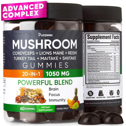 Purawex Mushroom Gummies, 20 in 1 Mushroom Complex 1050 MG, Cordyceps, Reishi,