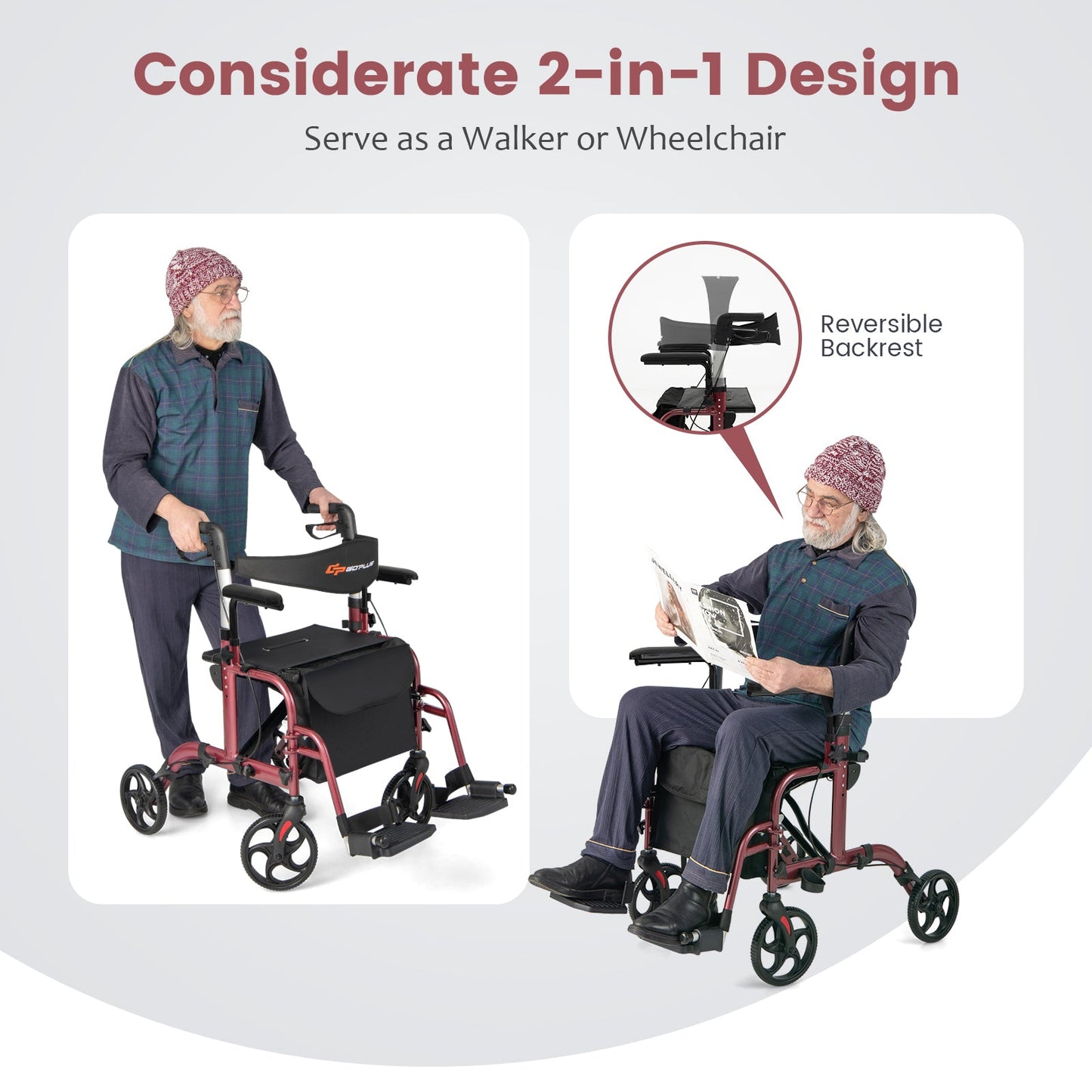 Folding Rollator Walker with Seat and Wheels Supports up to 300 lbs-Red