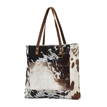 Myra Mesa Trail Patchwork Hairon Tote Bag for Women Rustic Cowhide Design, Brown Leather Handles for Everyday Utility