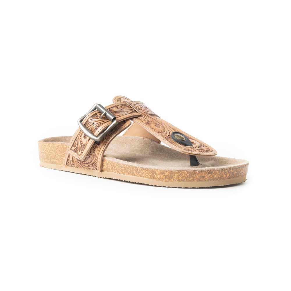 Myra Balinda Ridge Hand-Tooled Leather T-Strap Flats for Women - Western Embossed Sandals with Cushioned Sole for Daily Comfort
