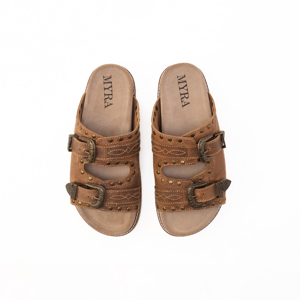 Myra Great Sonora Sunset Studded Leather Sandals for Women – Cork Sole, Antique Brass Dual Buckles for All-Day Comfort