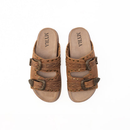 Myra Great Sonora Sunset Studded Leather Sandals for Women – Cork Sole, Antique Brass Dual Buckles for All-Day Comfort