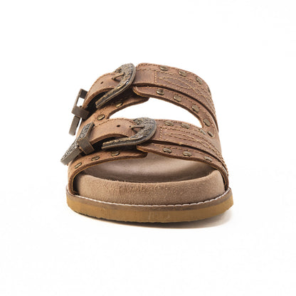 Myra Great Sonora Sunset Studded Leather Sandals for Women – Cork Sole, Antique Brass Dual Buckles for All-Day Comfort