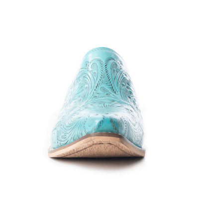 Valeria Hand-tooled Mules In Turquoise