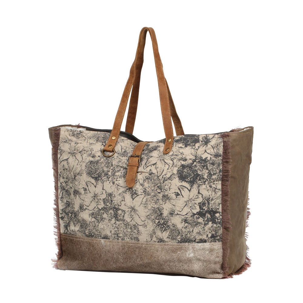 Myra Floweret Weekender Bag for Women – Floral Printed Front, Buckle Closure, Fringed Edges for Travel Chic