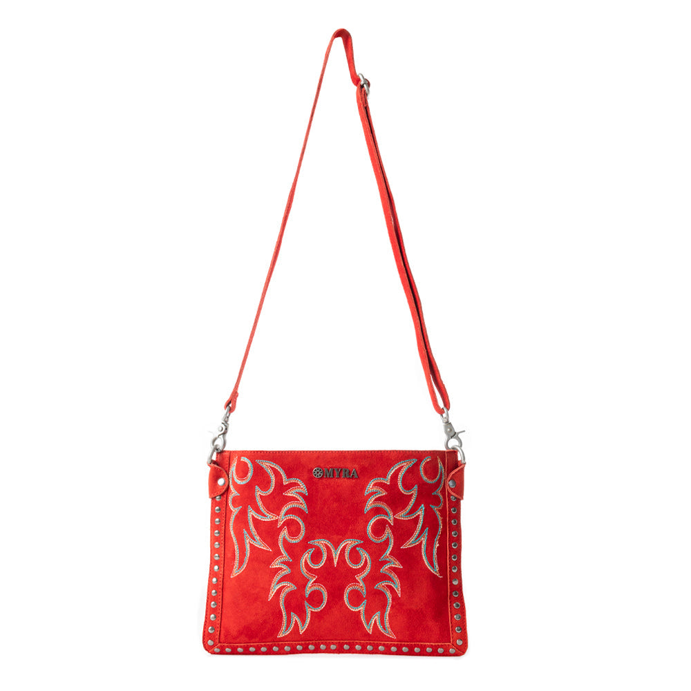 Myra Texas Rose Embroidered Leather Sling Bag for Women Suede Finish with Silver Studded Detail