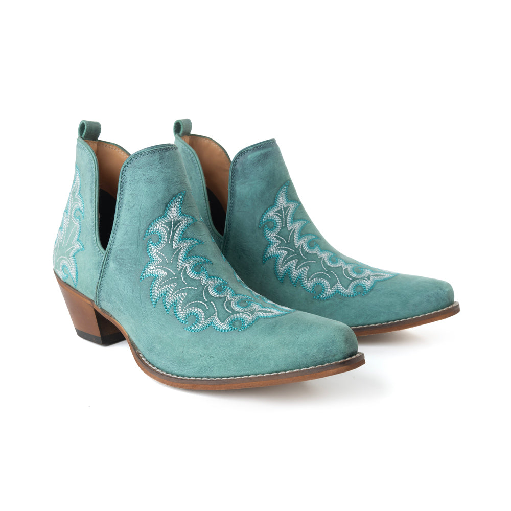 Myra Sagebreeze Embroidered Leather Booties in Lagoon Teal