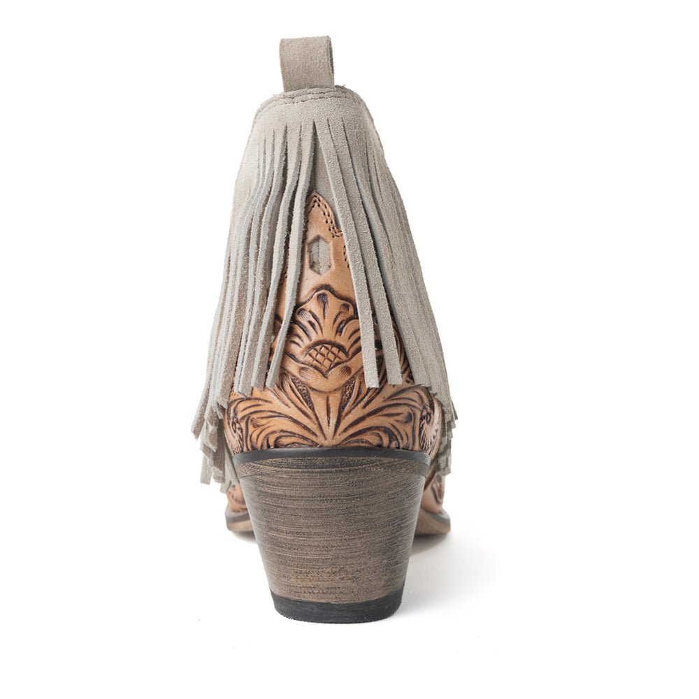 Myra Cimarron Belle Fringed Handtooled Leather Booties in Wild Tan