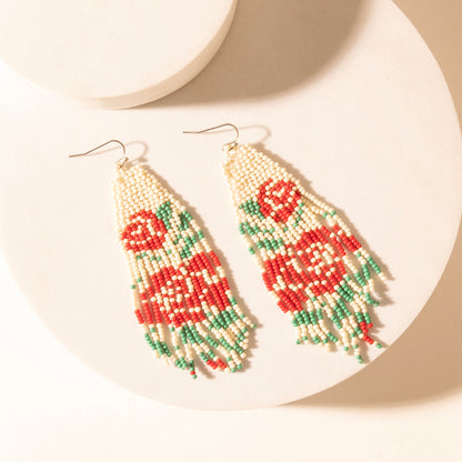 Myra Rose Garden Beaded Fringe Earrings in Cream Ivory