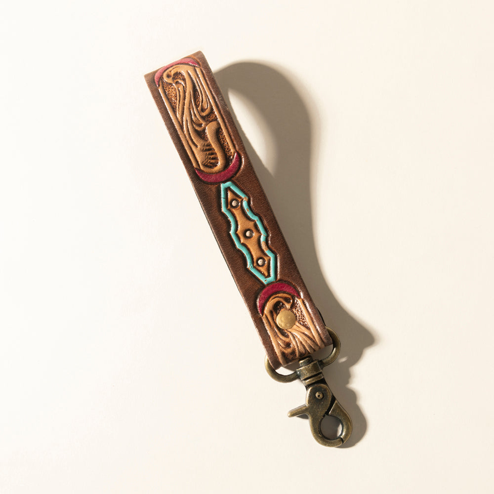 Myra Skyland Stitch Handtooled Leather Keyfob in Cactus Blue