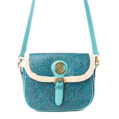 Myra Turquesa Rose Embossed Leather Crossbody Bag with Fur Accent in Cactus Bloom