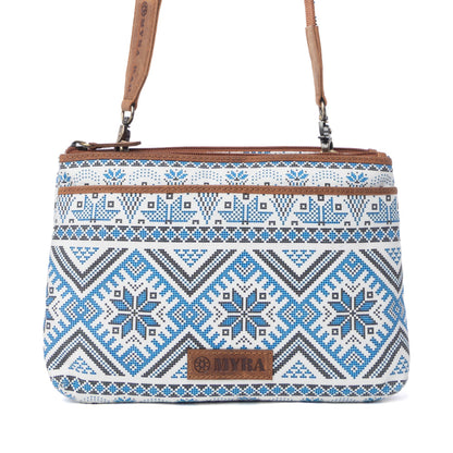 Myra Tribal Hollow Cotton & Leather Crossbody Bag in Indigo Frost