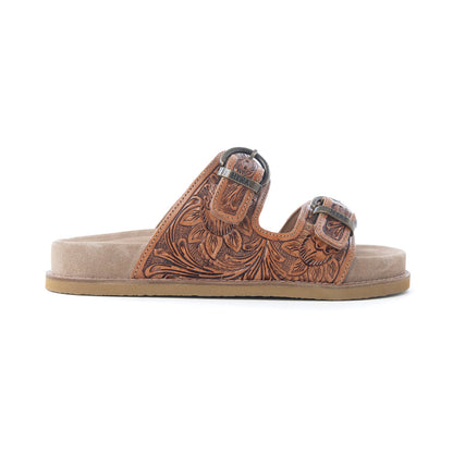 Myra Desert Fern Handtooled Leather Sandals in Autumn Tan