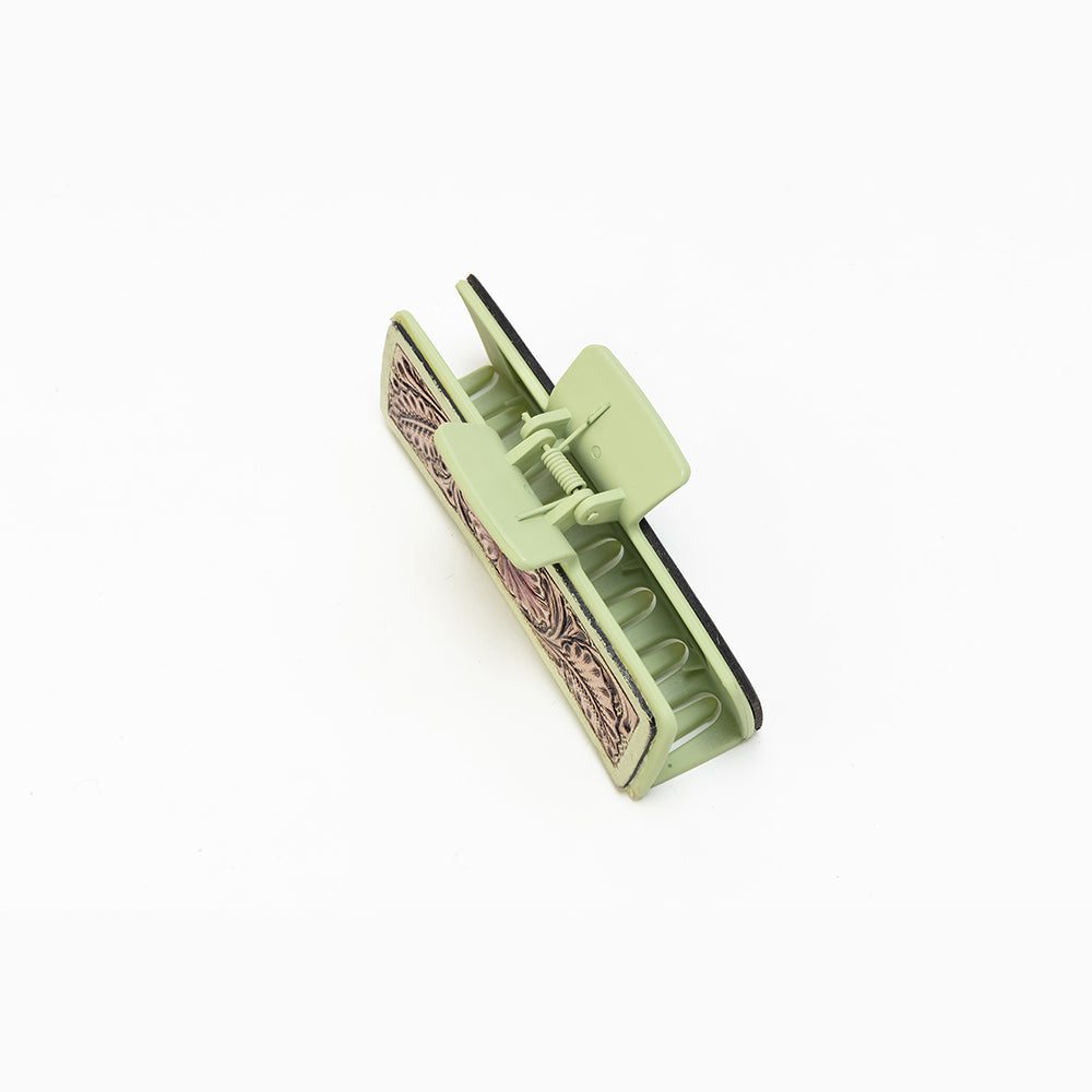Myra Trail Moss Handtooled Hair Clip in Olive Mocha