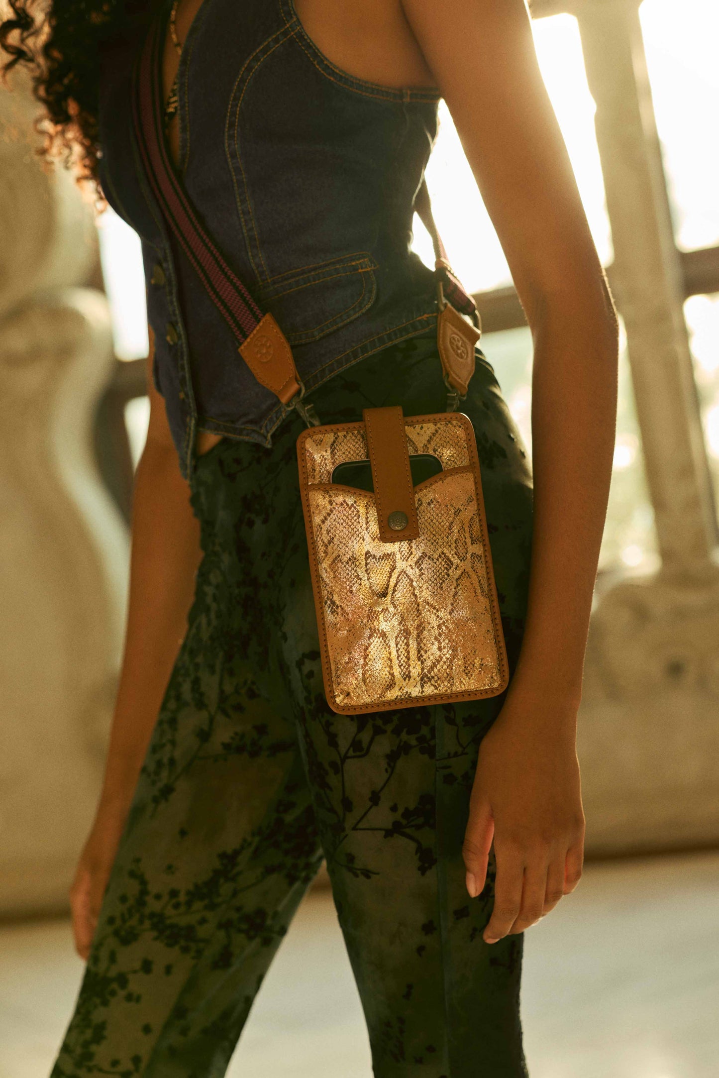 Myra Cedar Snake Print Leather Cell Phone Holder in Toffee Patch