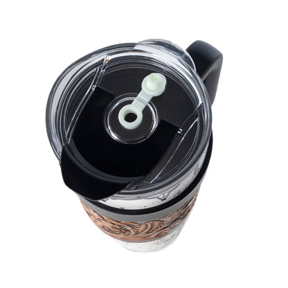 Myra Westmark Tooled Western Tumbler in White Stainless Steel with Leather Wrap and Handle for Use