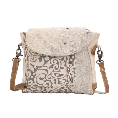 Myra Factual Hairon Leather Messenger Bag â€“ Swirl Canvas, White Hairon Flap, Rustic Straps for Everyday Western Style