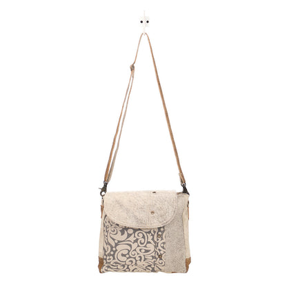 Myra Factual Hairon Leather Messenger Bag â€“ Swirl Canvas, White Hairon Flap, Rustic Straps for Everyday Western Style