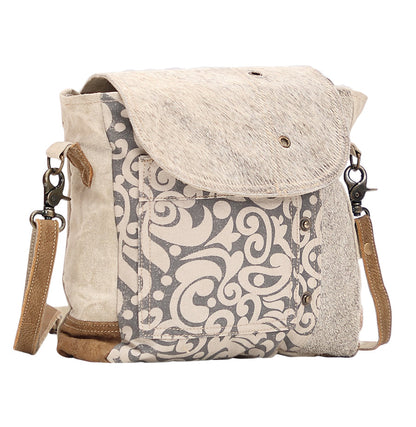Myra Factual Hairon Leather Messenger Bag â€“ Swirl Canvas, White Hairon Flap, Rustic Straps for Everyday Western Style