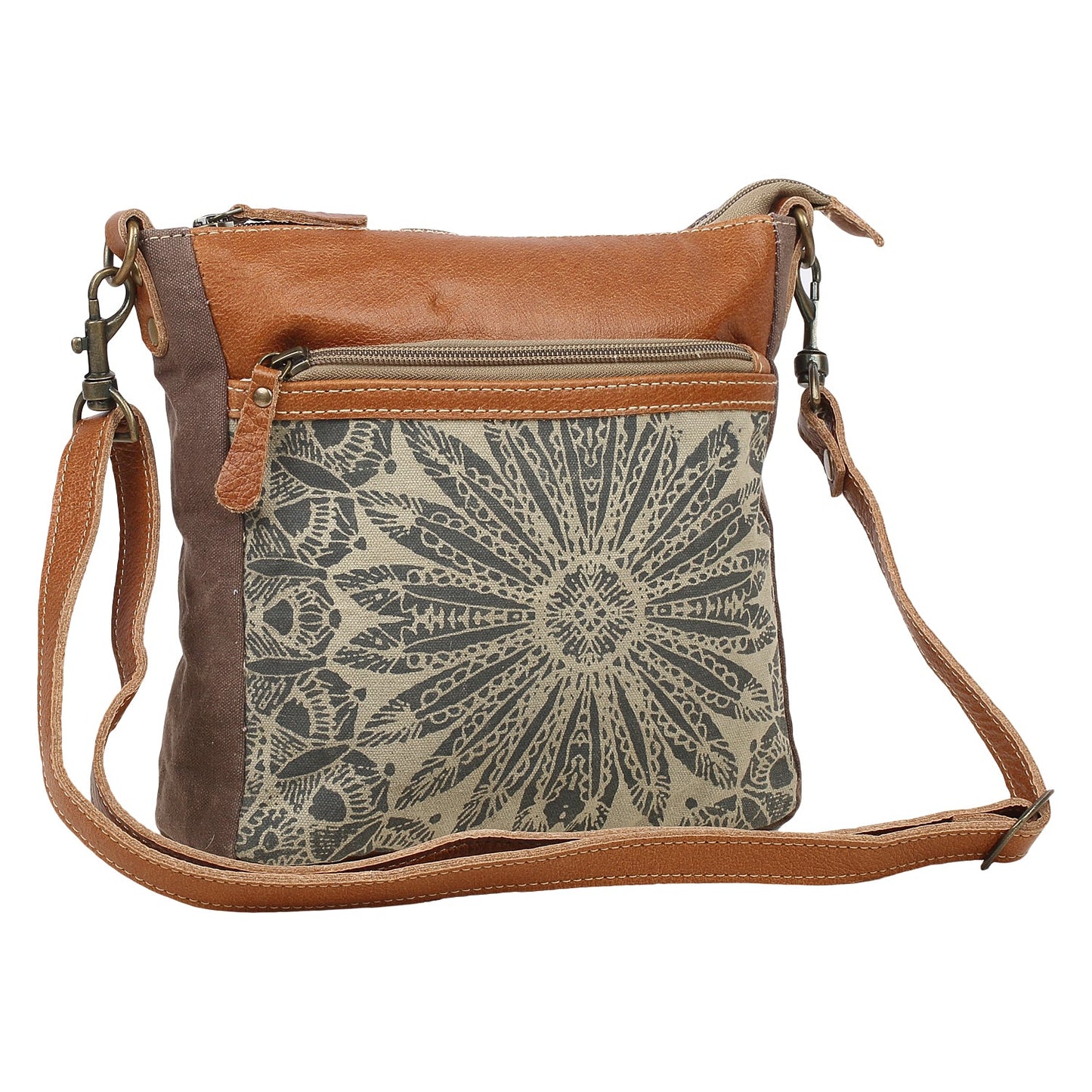 Myra Dizzy Circle Leather Shoulder Bag for Women Sunburst Floral Print, Adjustable Strap, Rustic Everyday Companion