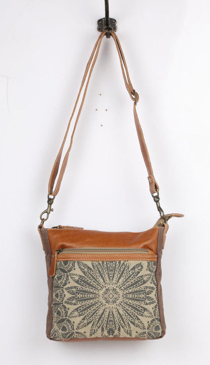 Myra Dizzy Circle Leather Shoulder Bag for Women Sunburst Floral Print, Adjustable Strap, Rustic Everyday Companion