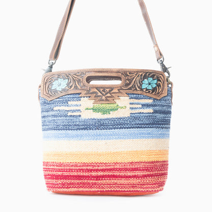 Myra Azure Petals Woven Crossbody Bag with Handtooled Leather â€“ Multicolor Embroidery, Adjustable Strap & Cutout Handle