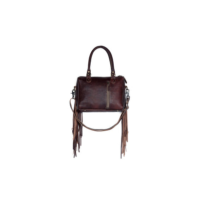 Myra Brown Freckles Concealed Carry Bag Hairon Leather with Fringe Detail and Tooled Trim, Dual Carry Western Tote