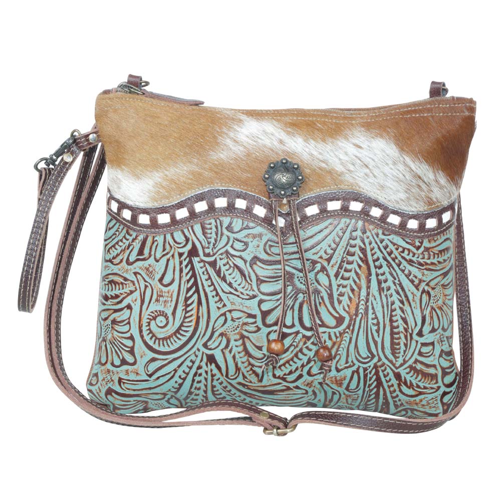 Myra Blue Isle Embossed Leather Crossbody Bag for Women Small Size Western Sling with Hairon Accents