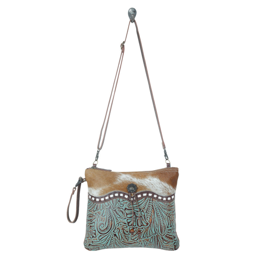 Myra Blue Isle Embossed Leather Crossbody Bag for Women Small Size Western Sling with Hairon Accents