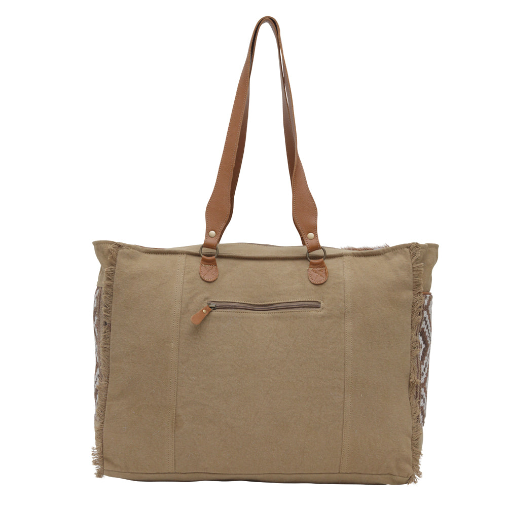 Myra Elisa Leather Weekender Bag - Spacious Cowhide Travel Tote with Tribal Woven Panel and Dual Shoulder Straps