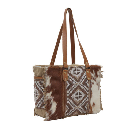 Myra Elisa Le Hairon Leather Tote Bag Fringe Accents, Handwoven Tribal Design for Everyday Use