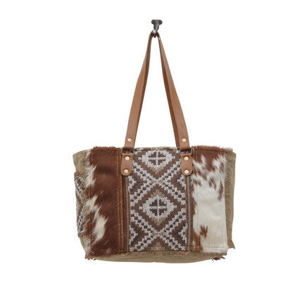 Myra Elisa Le Hairon Leather Tote Bag Fringe Accents, Handwoven Tribal Design for Everyday Use