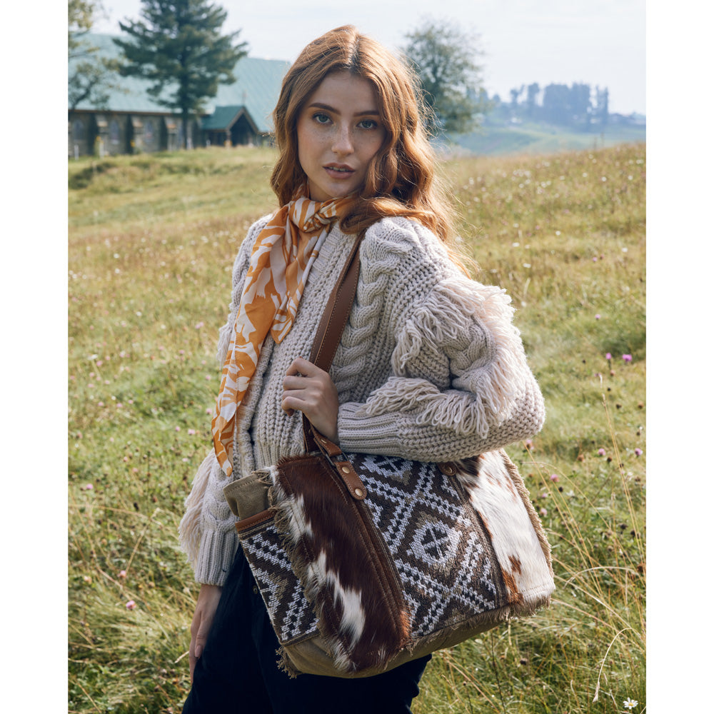 Myra Elisa Le Hairon Leather Tote Bag Fringe Accents, Handwoven Tribal Design for Everyday Use