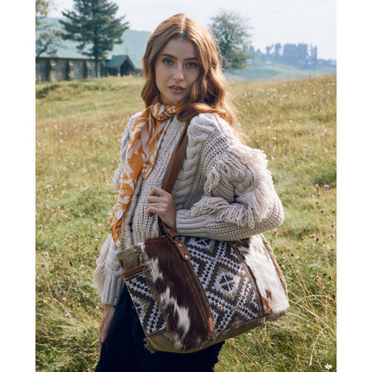 Myra Elisa Le Hairon Leather Tote Bag Fringe Accents, Handwoven Tribal Design for Everyday Use