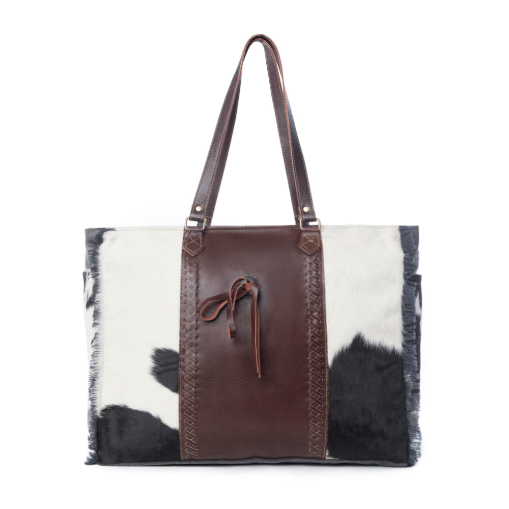Myra Rosalinda Cross Stitched Hairon Leather Weekender Bag - Spacious Travel Tote with Stitch Trim and Durable Shoulder Straps