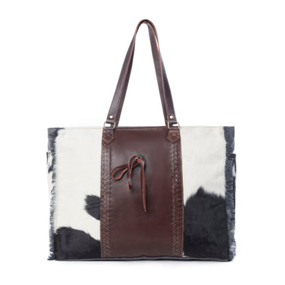Myra Rosalinda Cross Stitched Hairon Leather Weekender Bag - Spacious Travel Tote with Stitch Trim and Durable Shoulder Straps