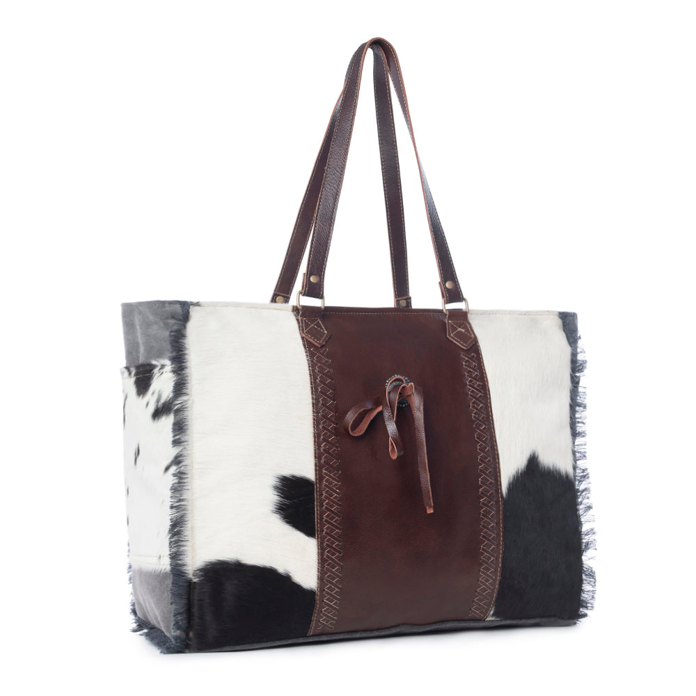 Myra Rosalinda Cross Stitched Hairon Leather Weekender Bag - Spacious Travel Tote with Stitch Trim and Durable Shoulder Straps