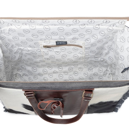 Myra Rosalinda Cross Stitched Hairon Leather Weekender Bag - Spacious Travel Tote with Stitch Trim and Durable Shoulder Straps