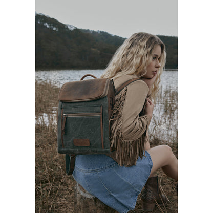 Myra Carriage Port Slimline Backpack - Aged Leather Flap, Rustic Daypack for Daily Commute & Outdoor Travel