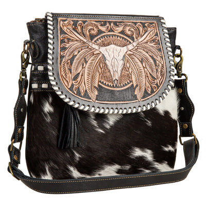 Myra Spirit of the Herd Hairon Leather Bag for Women Western Cowhide Purse with Intricate Tooling