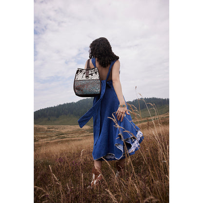 Myra Mountain Trail Convertible Crossbody Bag – Turquoise Embossed Leather & Hairon Panel with Ring Accent